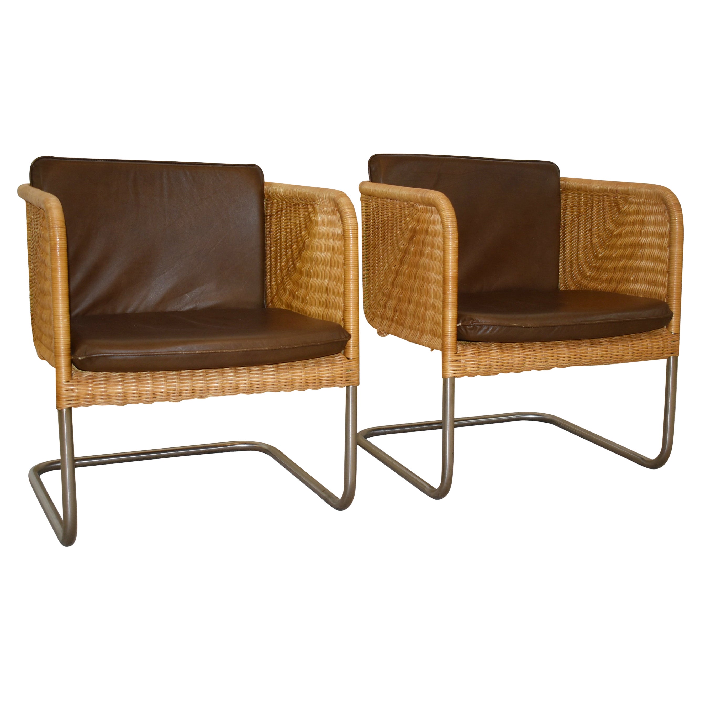 Pair Vintage Harvey Probber Wicker & Chrome Chairs Leather Cushions D43 Model For Sale