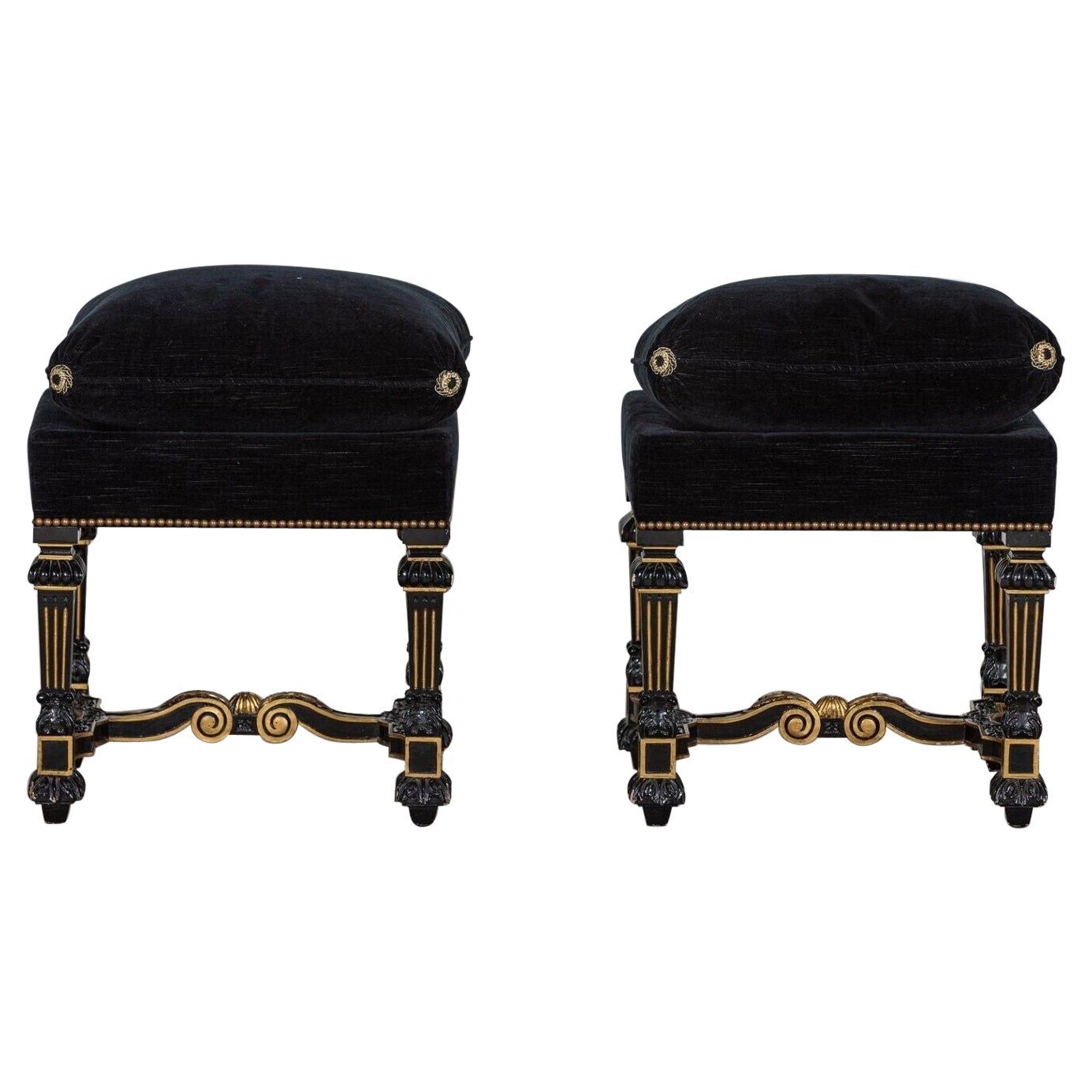 Pair French 19th C Ebonised & Gilt Velvet Stools