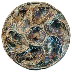Antique French "Royan" Porcelain Iridescent Blue Glazed Oyster Plate, Circa 1930