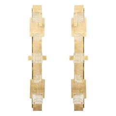 Extra Large Pair of Brass and White Murano Glass Cubist Sconces, Italy