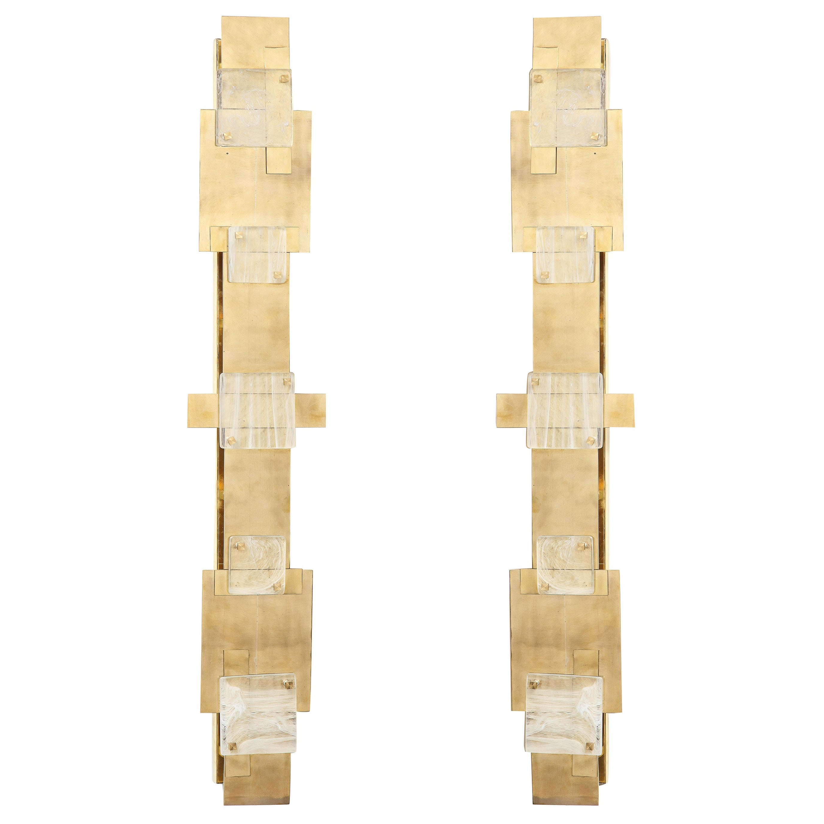 Tall Pair of Brass and Clear White Swirl Murano Glass Cubist Sconces Italy, 2022