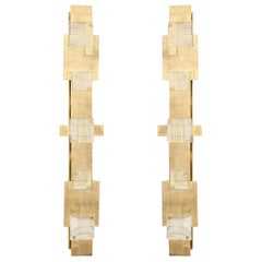 Tall Pair of Brass and Clear White Swirl Murano Glass Cubist Sconces Italy, 2022