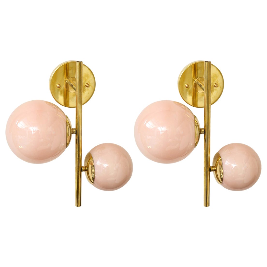 Pair of Blush Pink Murano Glass Globes and Brass Sconces, Italy, 2022