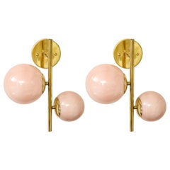 Pair of Blush Pink Murano Glass Globes and Brass Sconces, Italy, 2022