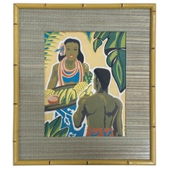 Frank McIntosh Man and Women Hawaiian Print in Bamboo Frame, 1940