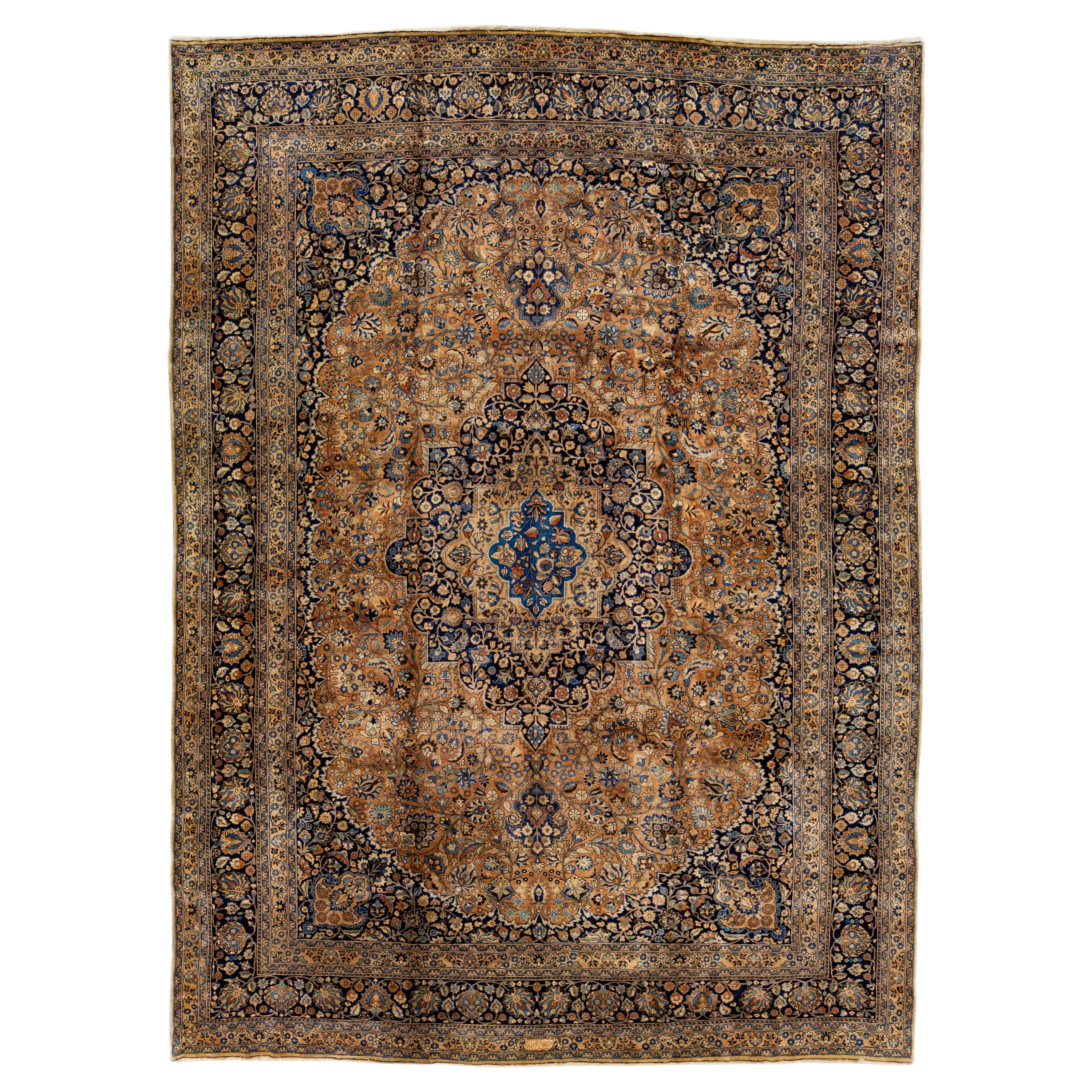 Antique Persian Mashad Handmade Tan Wool Rug Rosette Motif For Sale
