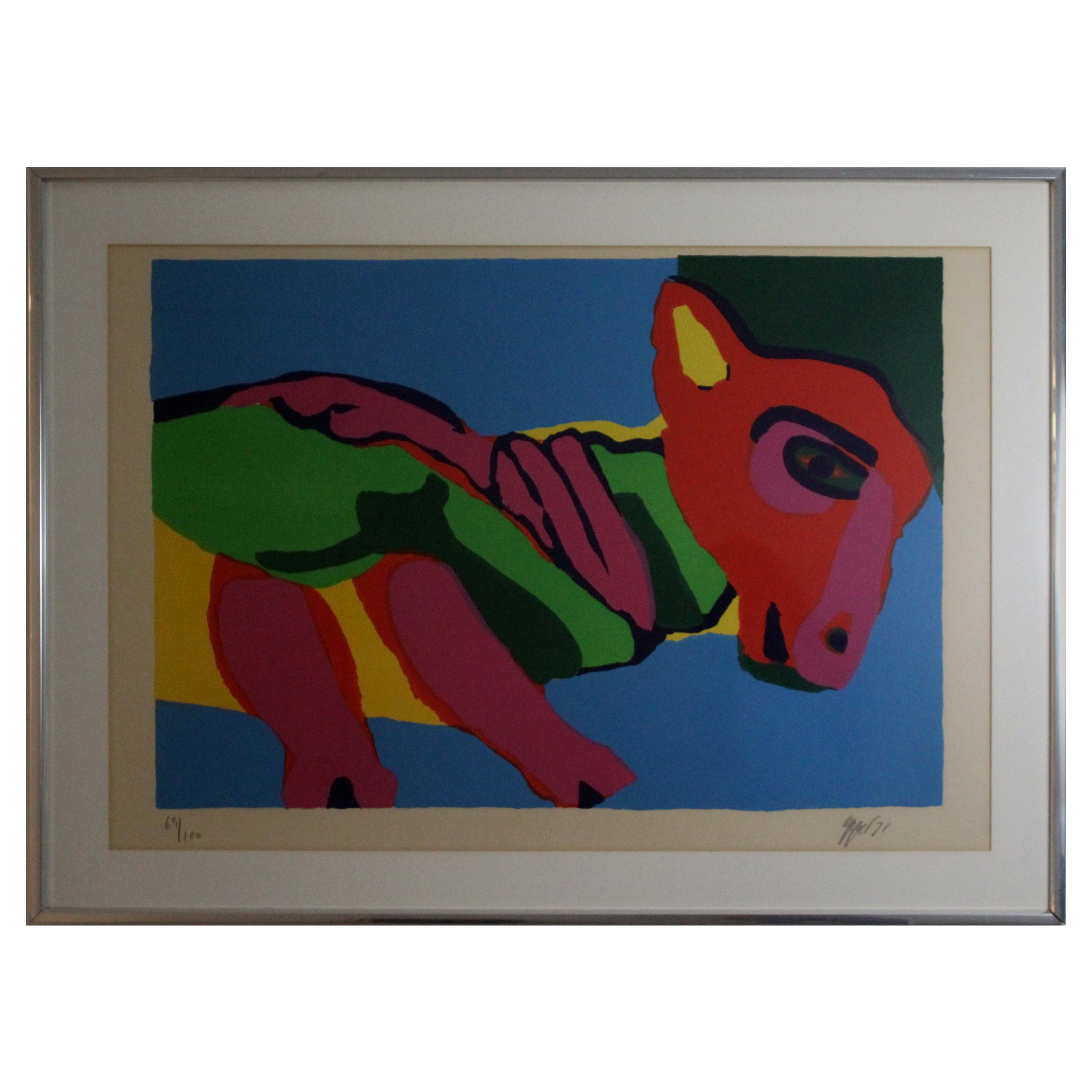Karel Appel Pferd Tierfigur Signierte moderne Lithographie 1971 gerahmt 63/100