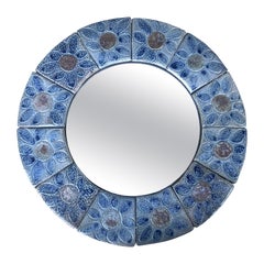 Miroir à fleurs en céramique bleue avec carreaux, France, milieu du siècle dernier