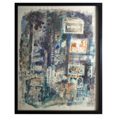 Shirley Kallus Blue City Mid-Century Modern Original Watercolor Framed
