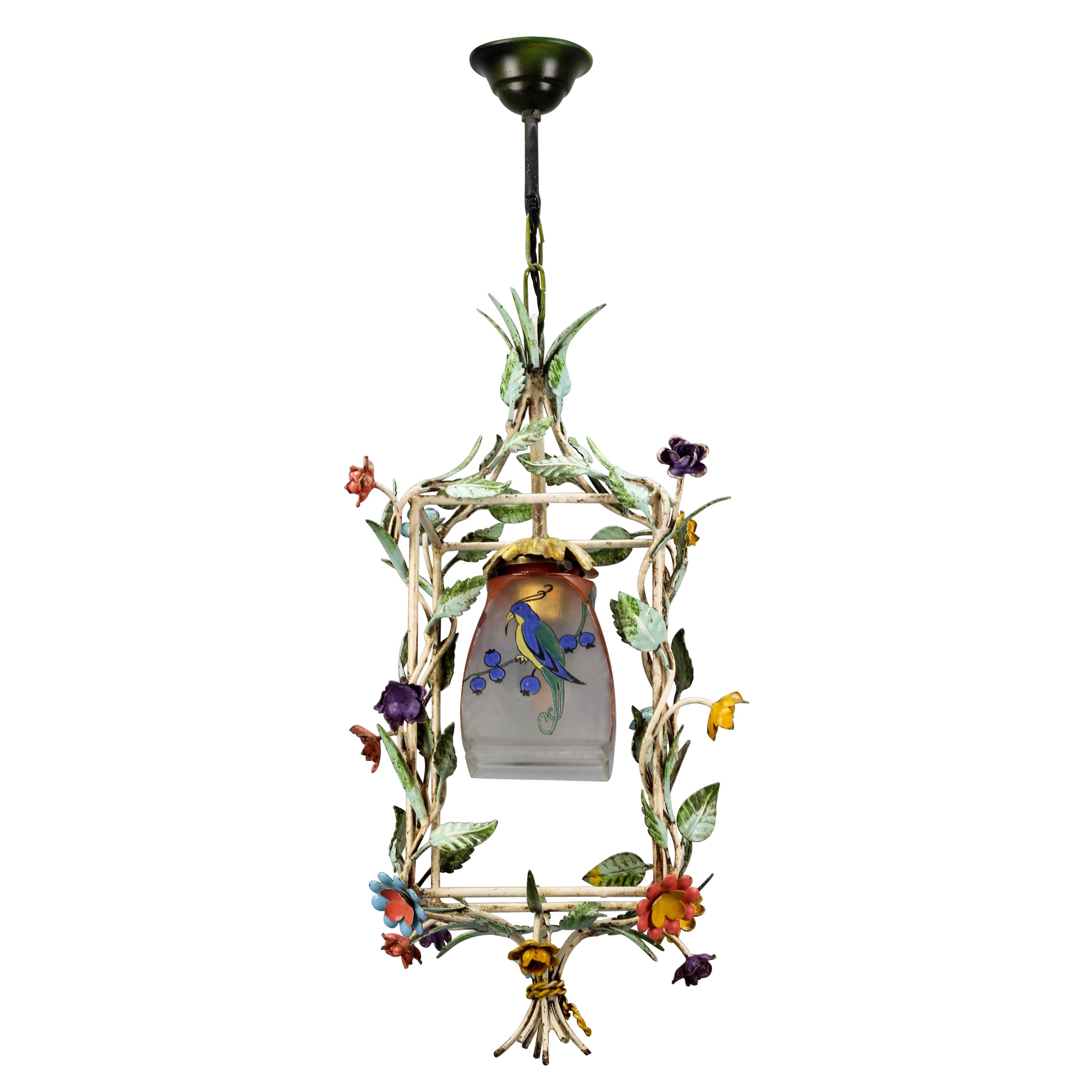 French Tole and Glass Polychrome Pastel Flower Cage Pendant Light, 1950s For Sale