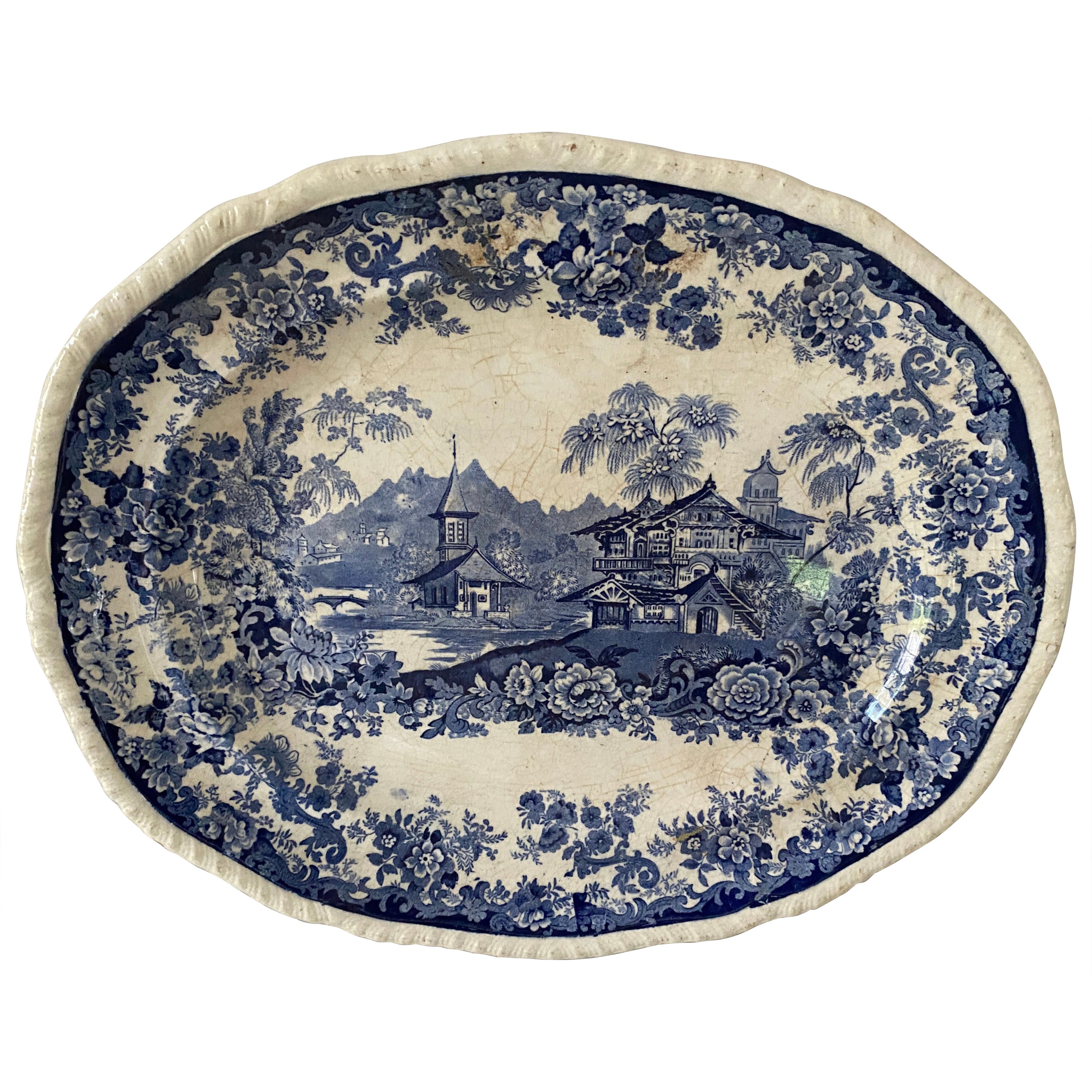 1874 Minton Chinese Blue and White Transferware Platter For Sale