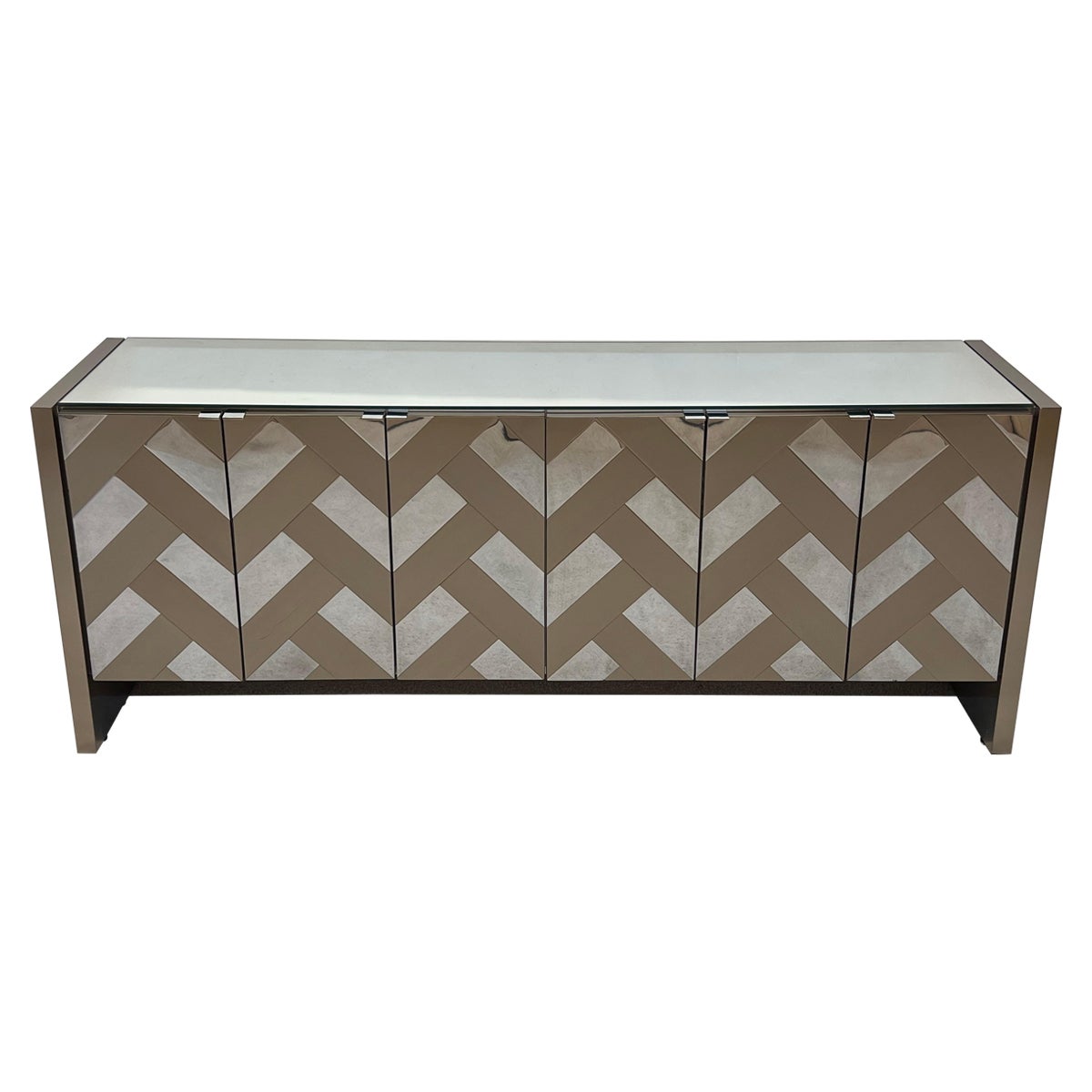 Mid-Century Brushed Bronze and Chrome Finish Credenza with Mirrored Top by Ello