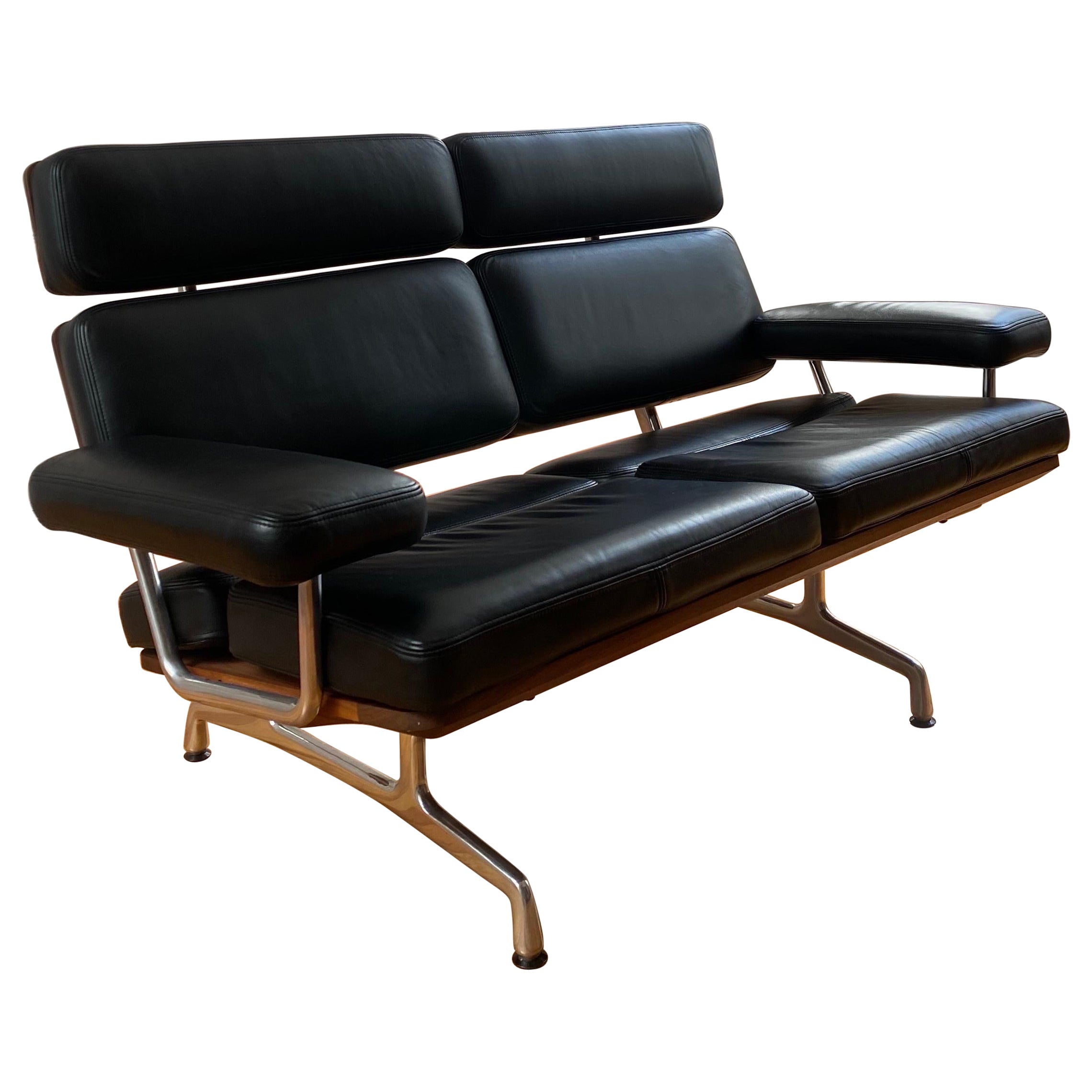 Eames Sofa Produced by Herman Miller in Black Leather, Walnut and Aluminum For Sale