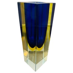 1970s Italian Murano Sommerso Blue Yellow & Clear Glass Hand Blown Vase