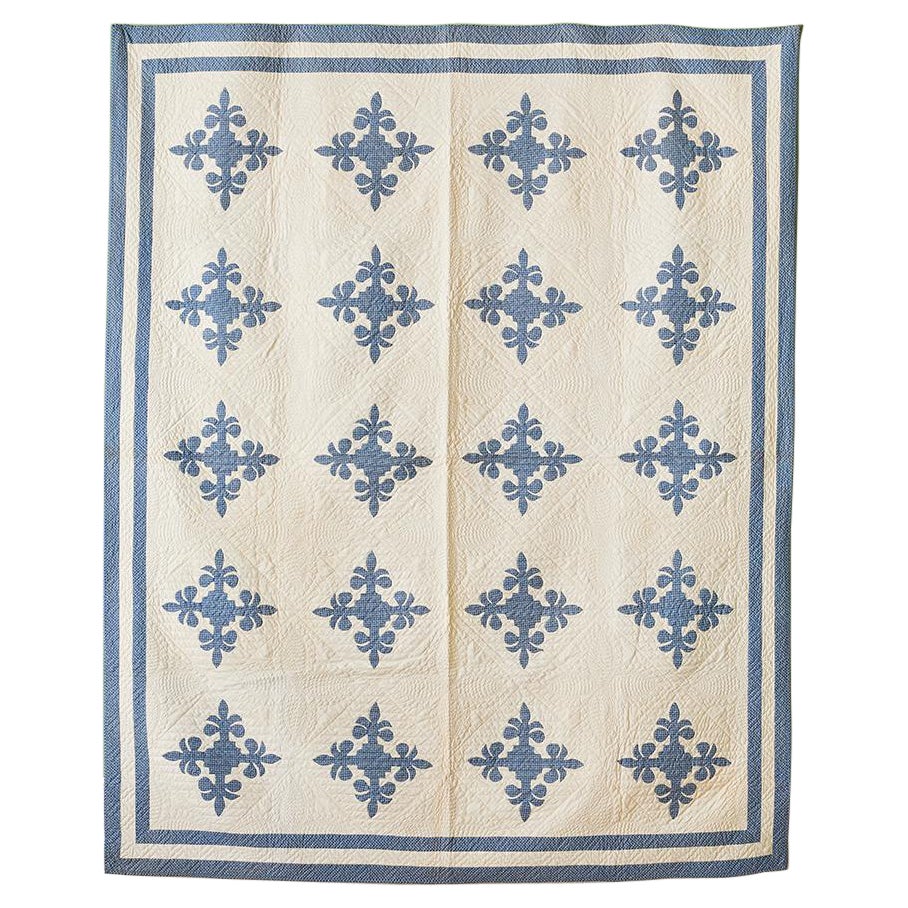 Antique Handmade Patchwork "Fleur de Lis" Quilt in Blue and Creme Cotton, USA 