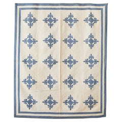 Antique Handmade Patchwork "Fleur de Lis" Quilt in Blue and Creme Cotton, USA 
