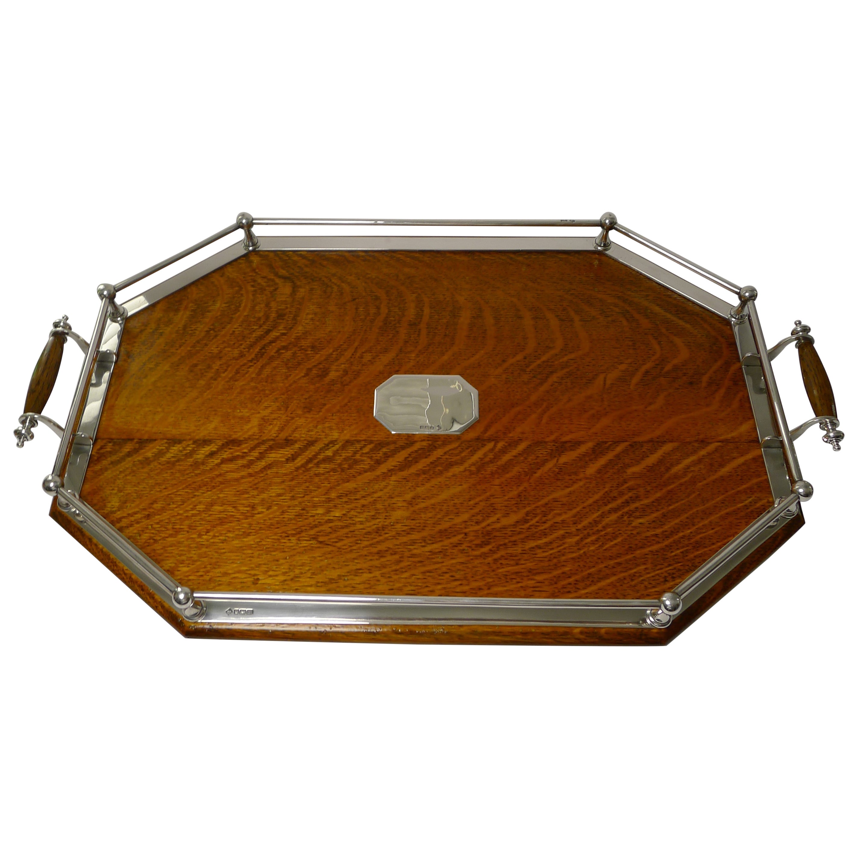 Rare Antique English Oak & Solid Sterling Silver Tray, 1904 For Sale