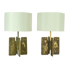 Pair of Modernist Sculptural Extruded Cross Bronze Table Lamps