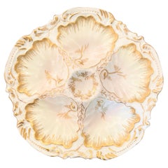 Antique French Gold & Ivory Limoges Porcelain Wave Pattern Oyster Plate, c. 1900