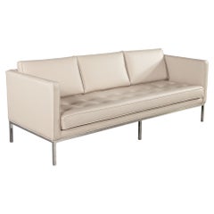 Restored Vintage Mid-Century Modern Tufted Sofa in Cream Faux Leather