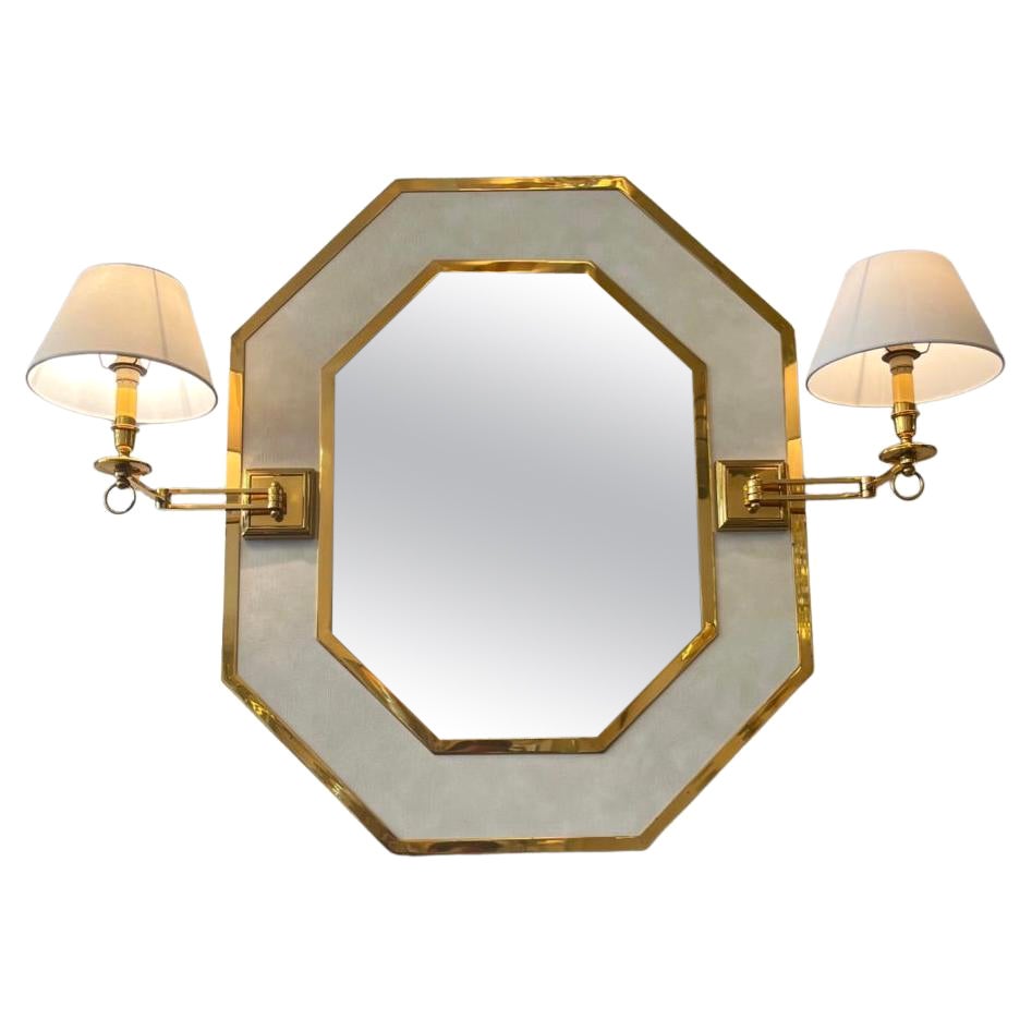 Vintage Neoclassical Brass & Leather Octagonal Wall Mirror with Sconces Ca. 1970
