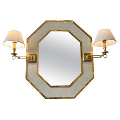 Vintage Neoclassical Brass & Leather Octagonal Wall Mirror with Sconces Ca. 1970