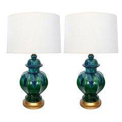Retro Pair of 1960's Blue and Green Drip-Glazed Octagonal Ginger Jar Lamps
