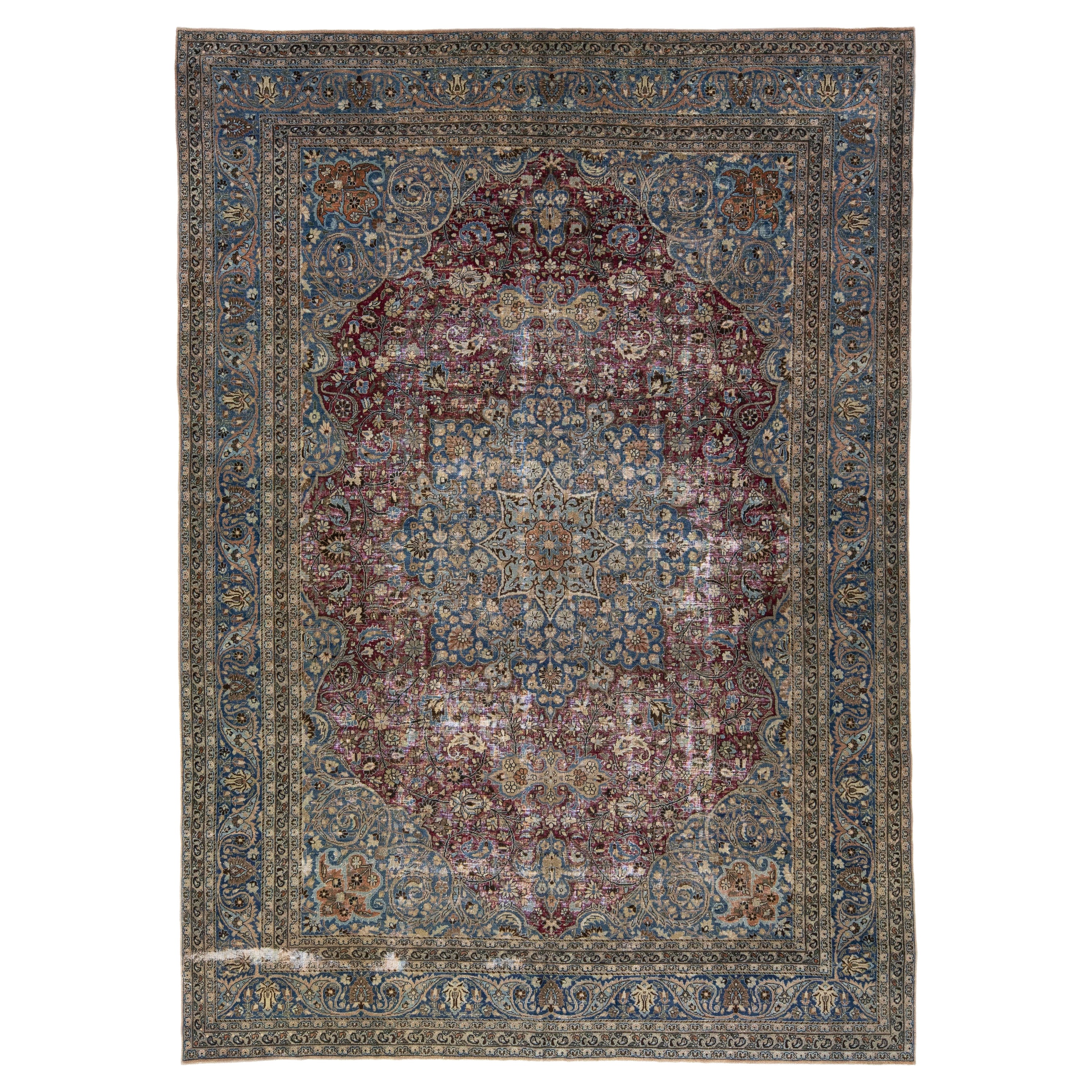 Antiker persischer Mashad-Teppich aus handgefertigter Wolle in Rot und Blau mit Rosette-Motiv