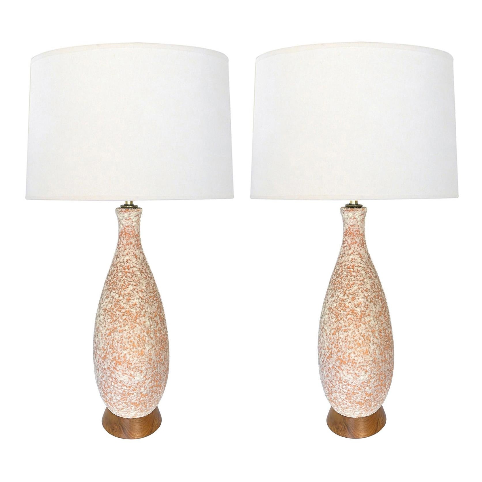 Pair of 1960's Peach and White Lava Glaze Bottle-Form Lamps For Sale