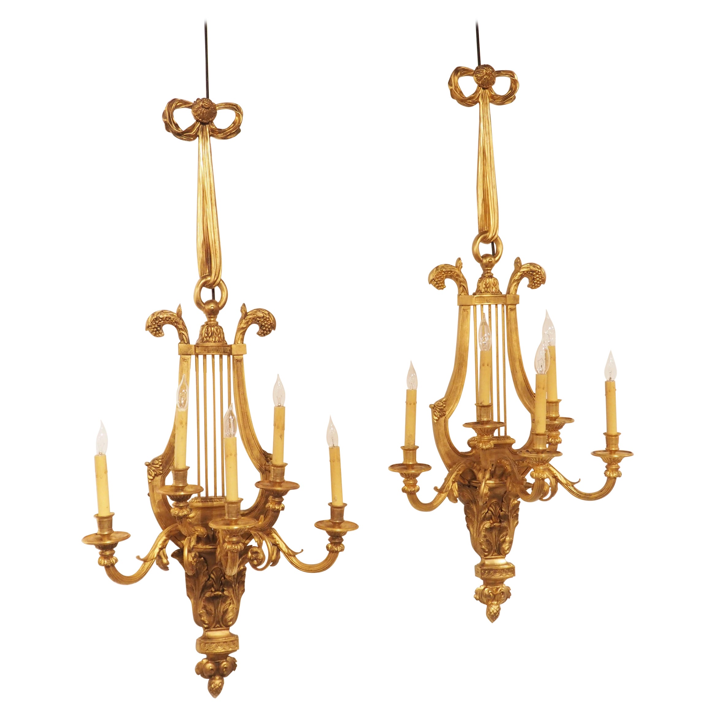 Pair of Tall French Louis XVI Style Gilt Bronze Sconces, C. 1880 For Sale