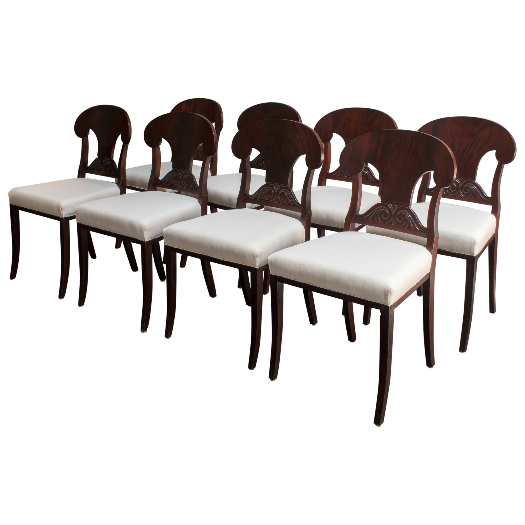 Set of 8 Swedish Karl Johan Biedermeier Revival Dining Chairs, COM Ready For Sale