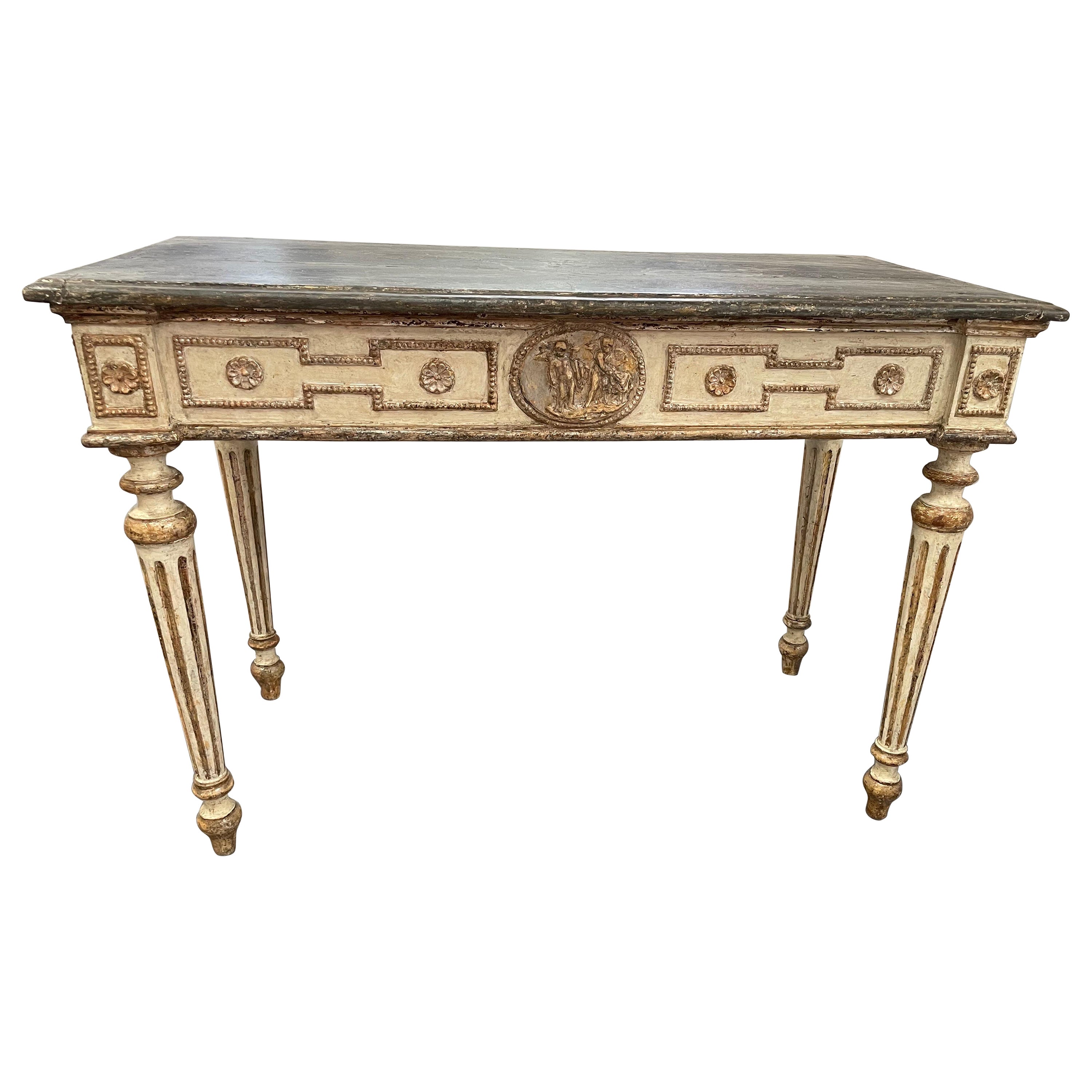 Italian 18th Century Lacquered Cream and Silver Gilt Console from Lucca For Sale