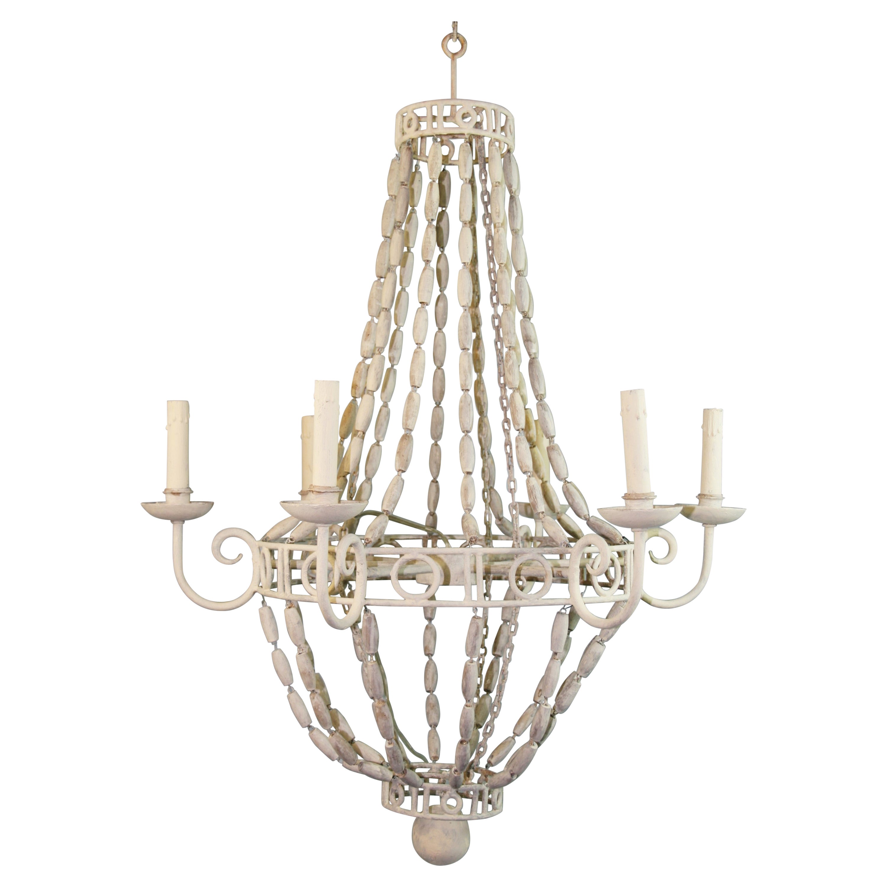 French Iron and Wood Bead Six Light Chandelier Circa 1940's For Sale
