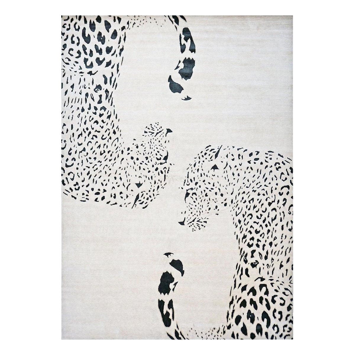 Moderner handgefertigter Teppich aus Wolle und Seide, 9x14, elfenbeinfarben und schwarz, Jaguar Design im Angebot