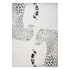 Modern Wool & Silk 9x14 Ivory & Black Jaguar Design Handmade Area Rug