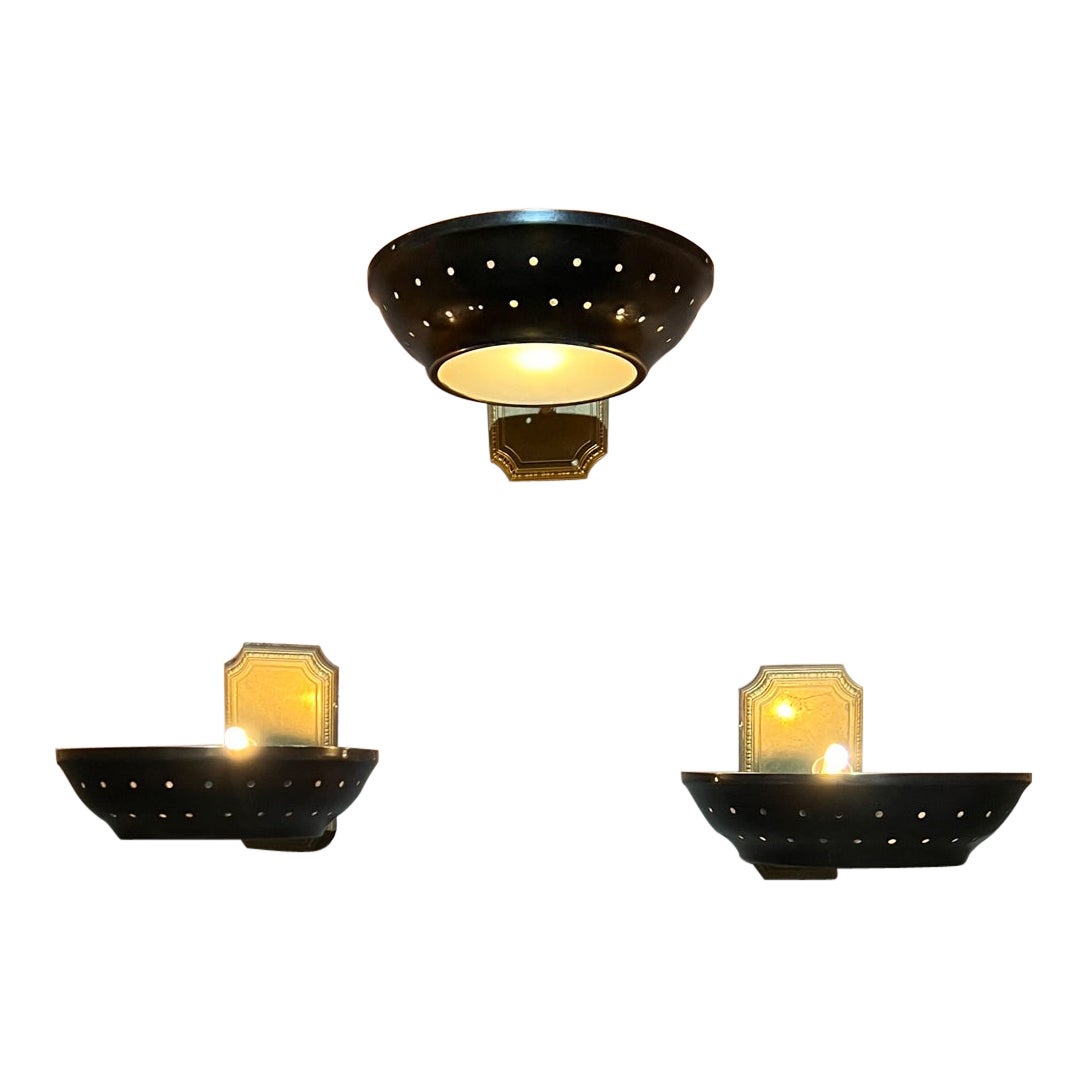 1950s Modern Atomic Three Patinated Brass Wall Sconces Perforated Round Shade
