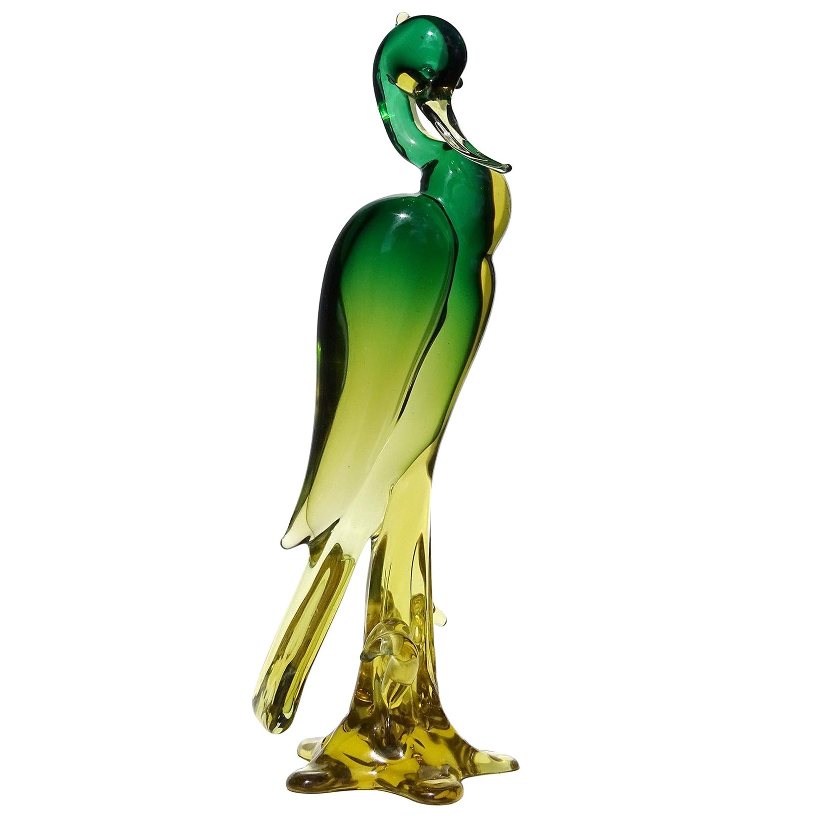 Seguso Murano Sommerso Grün Golden Orange Kunstglas Italienisch Vogel Skulptur im Angebot