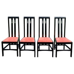Modern Arts & Crafts Style Tall Black Wood Dining Side Chairs, Set of Four