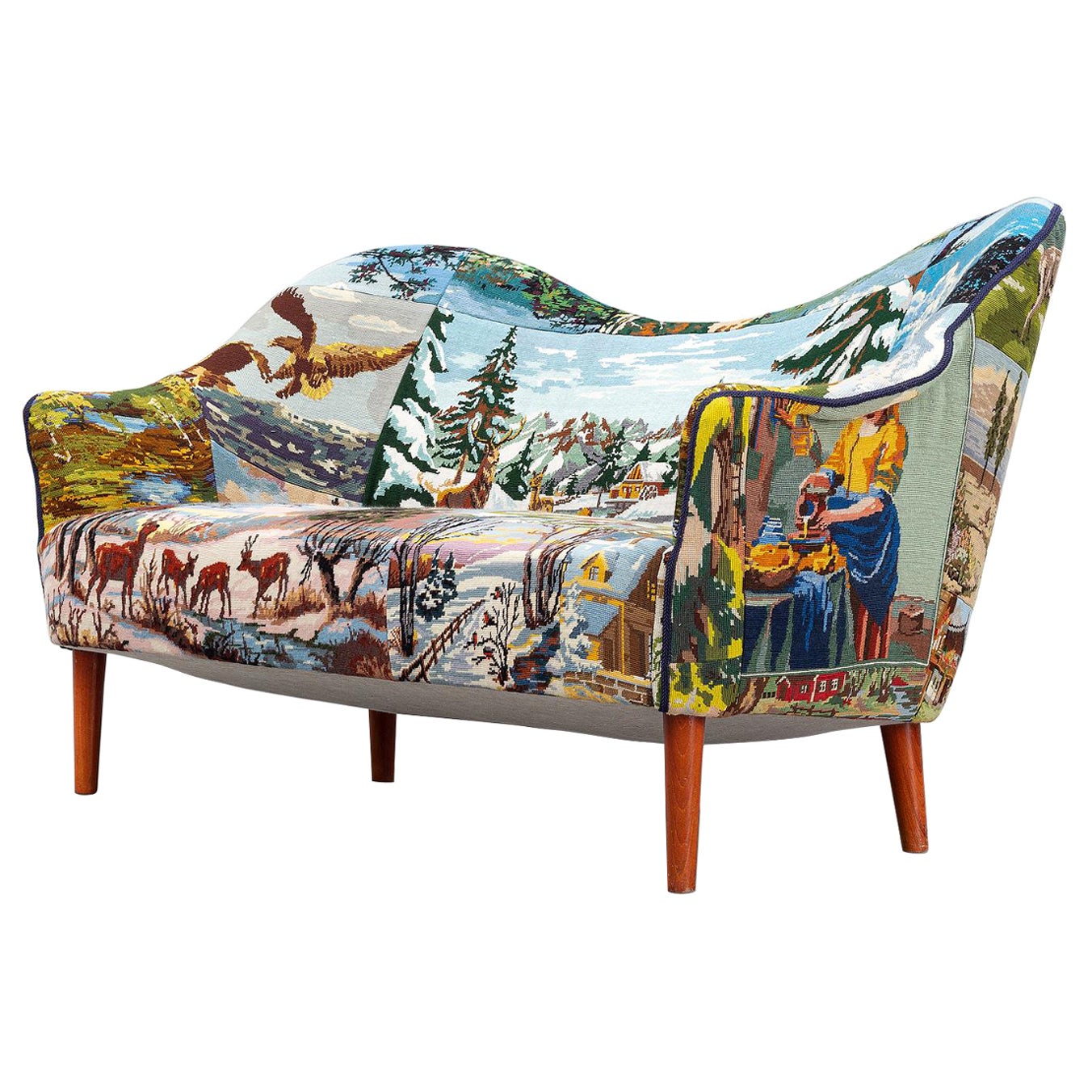 One Of A Kind "Samspel" Loveseat By Carl Malmsten In Recycled Embriodery For Sale