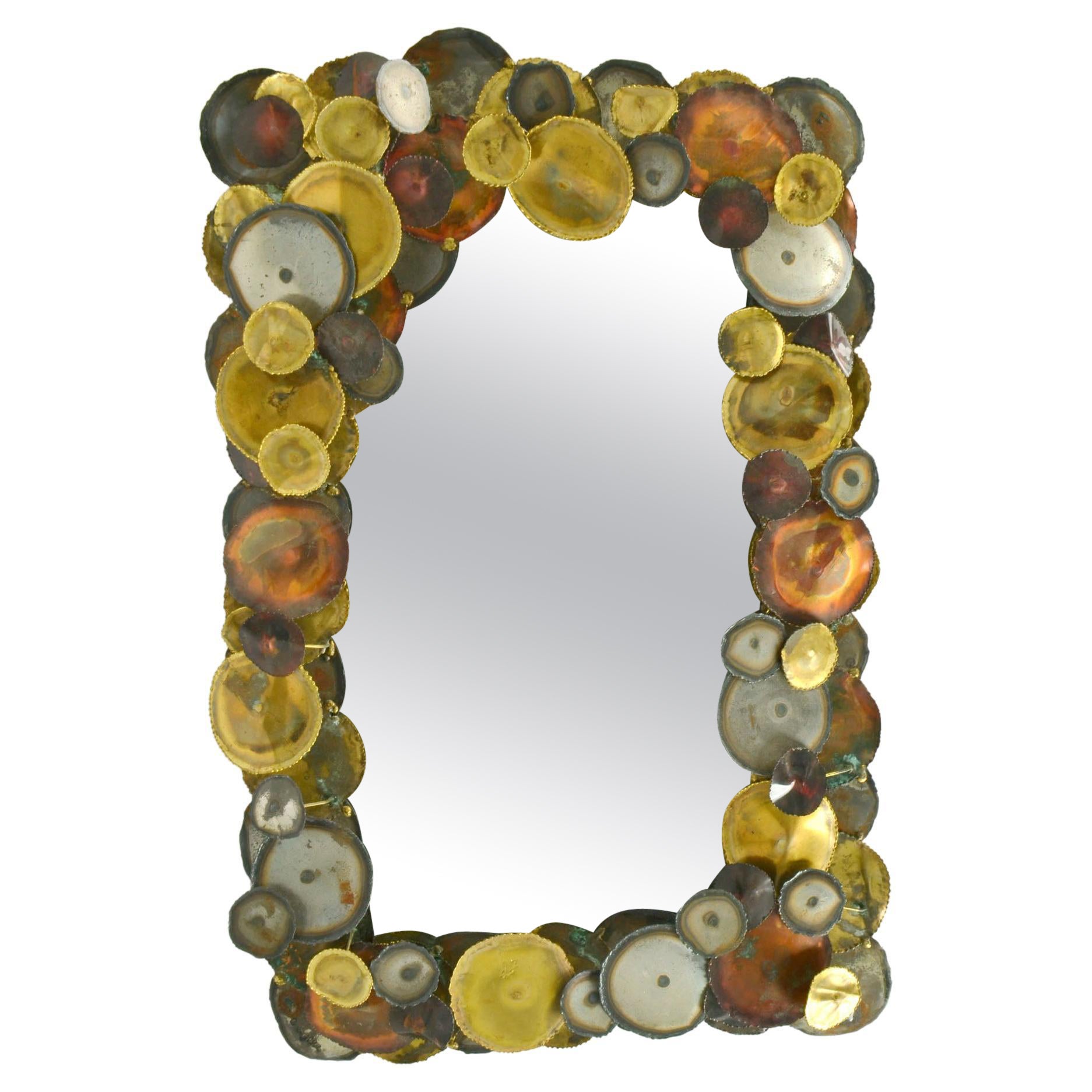 Brutalist Wall Mirror Edged with Metal Circles in the Style of Curtis Jere For Sale