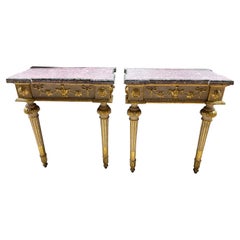 Antique 18th Century Venetian Pair of Lacquered Console Gilt with Marble