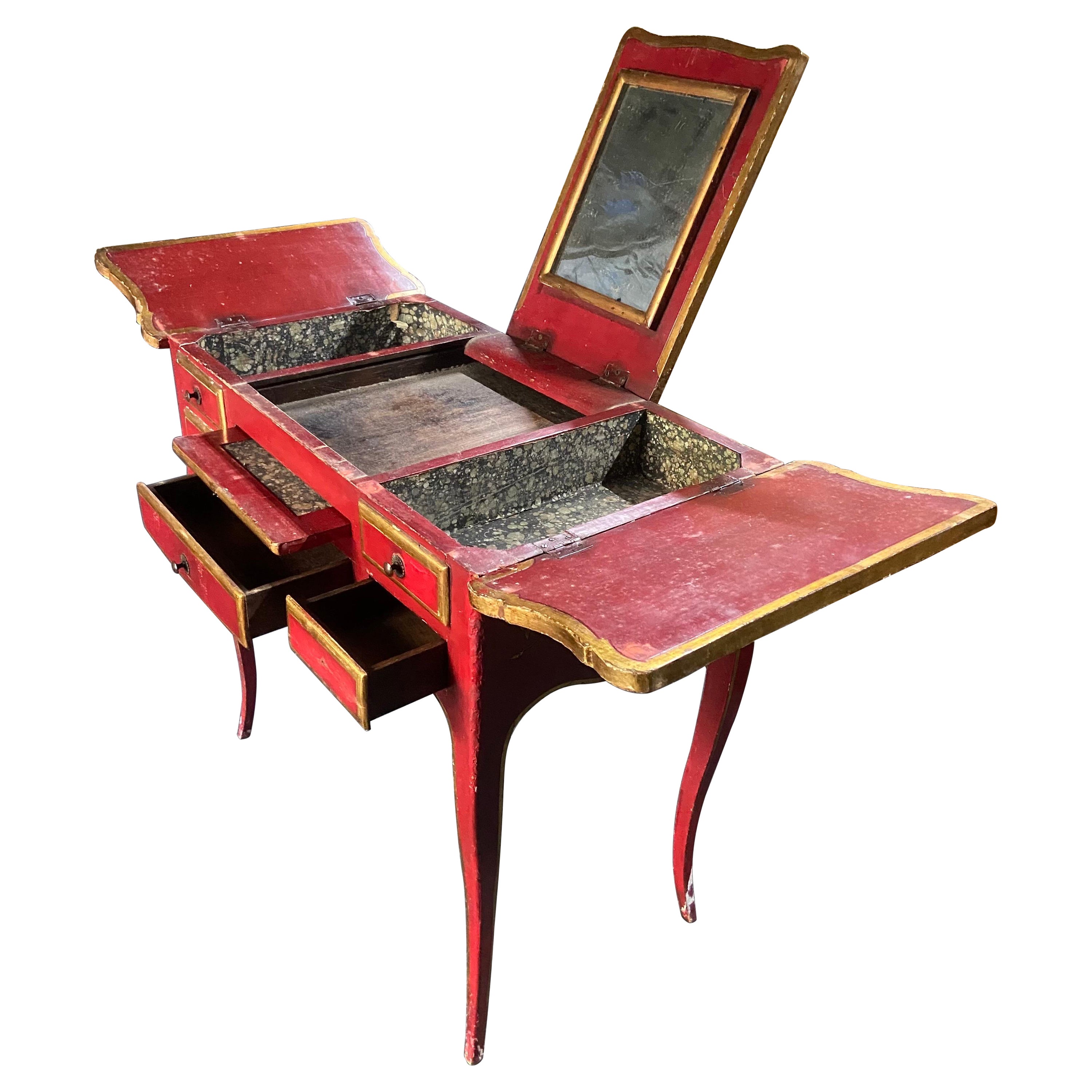 Table de coiffeuse française du 19ème siècle en bois rouge peint à la main avec scène chinoise en vente