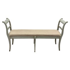 Circa 1900 Painted Pale Green/Blue Swedish Bench with an Upholstered Seat