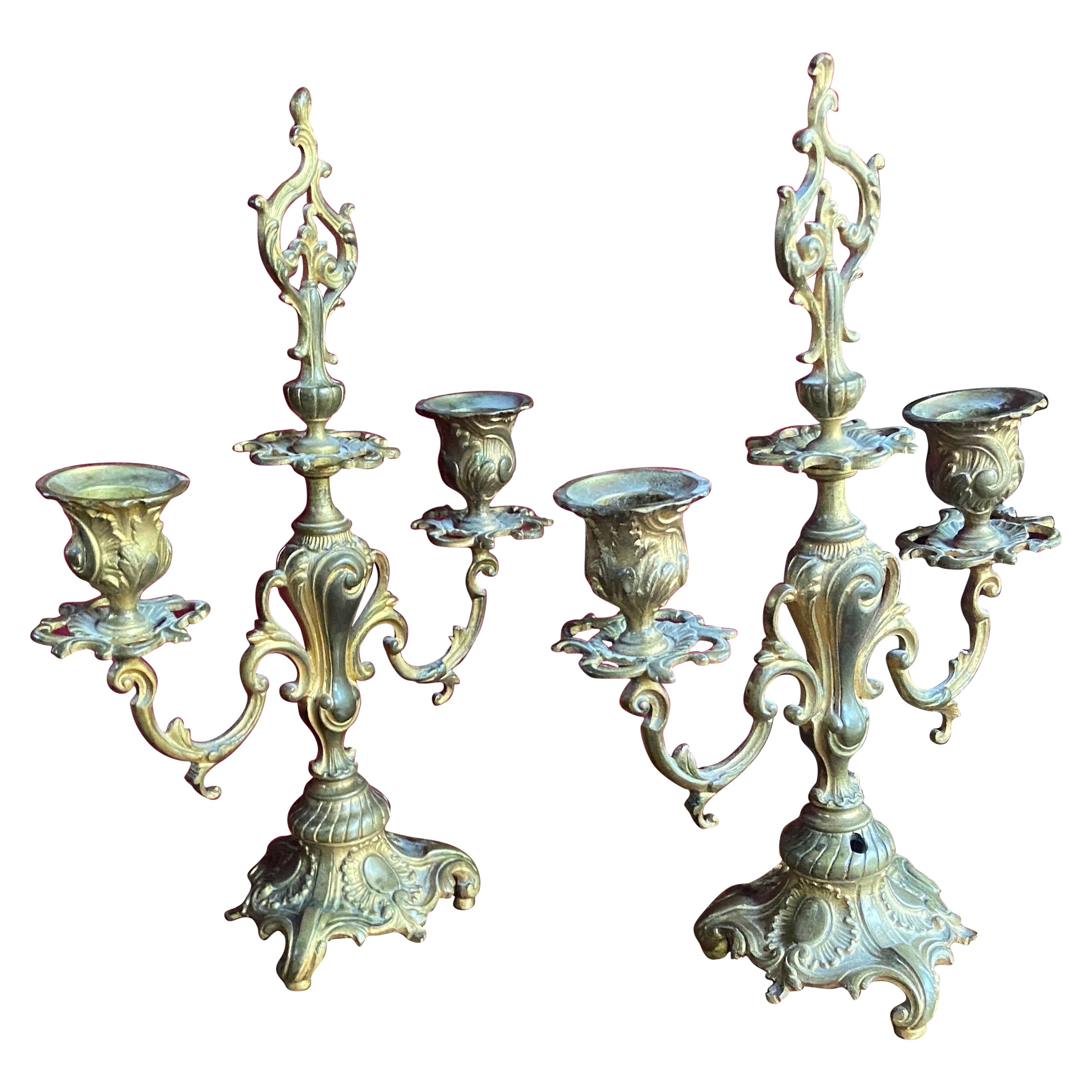 20th Century French Pair of Small Bronze Double Candle Sconces with Decorations For Sale