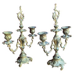 20th Century French Pair of Small Bronze Double Candle Sconces with Decorations