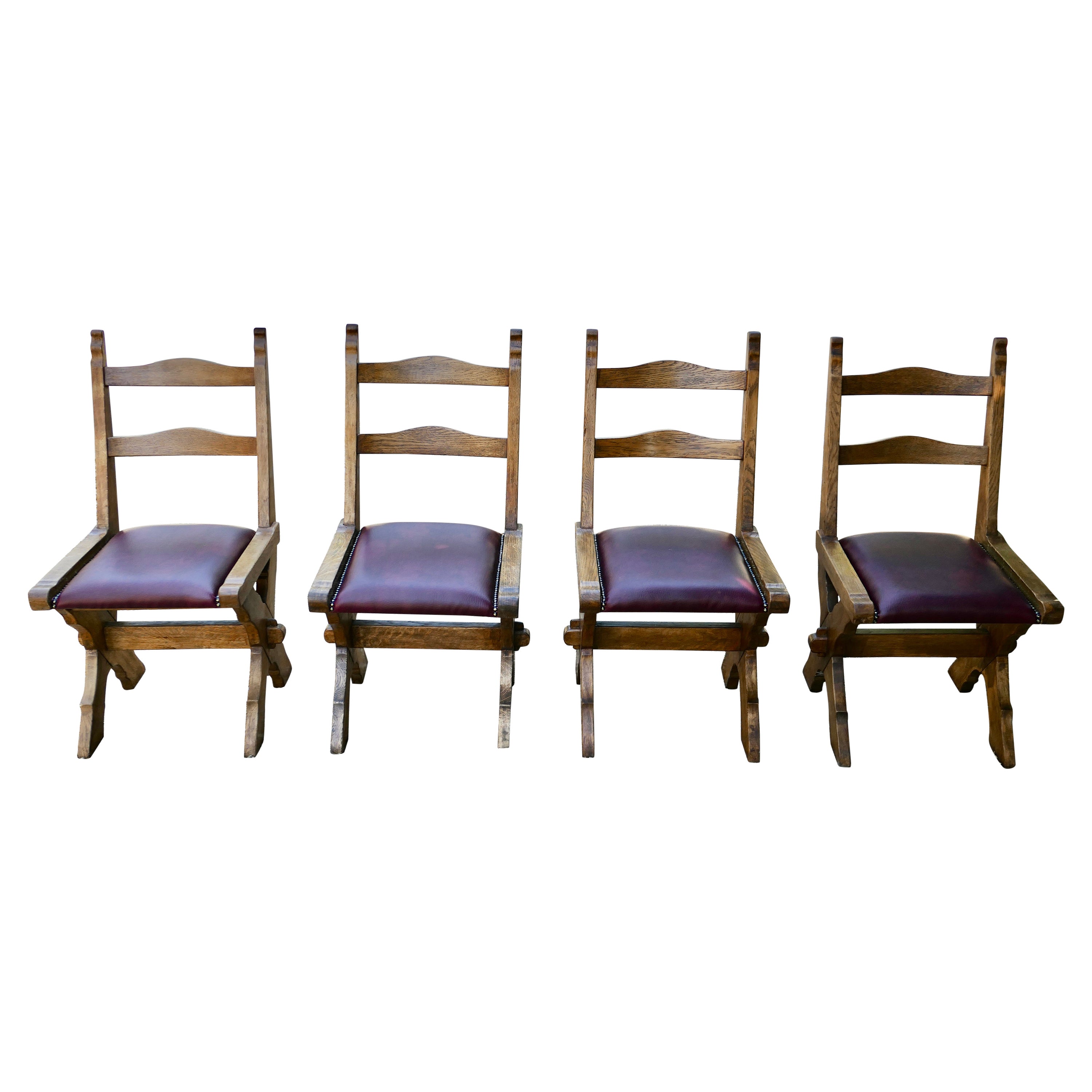 Set of 4 Golden Oak Arts and Crafts X Frame Refectory Dining Chairs For Sale