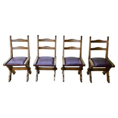 Antique Set of 4 Golden Oak Arts and Crafts X Frame Refectory Dining Chairs