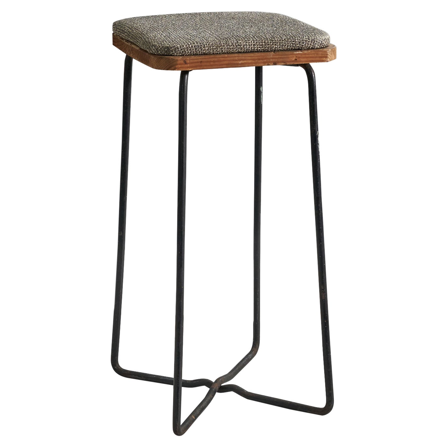 Tabouret de bar de designer américain, métal, bois, tissu, États-Unis, années 1940