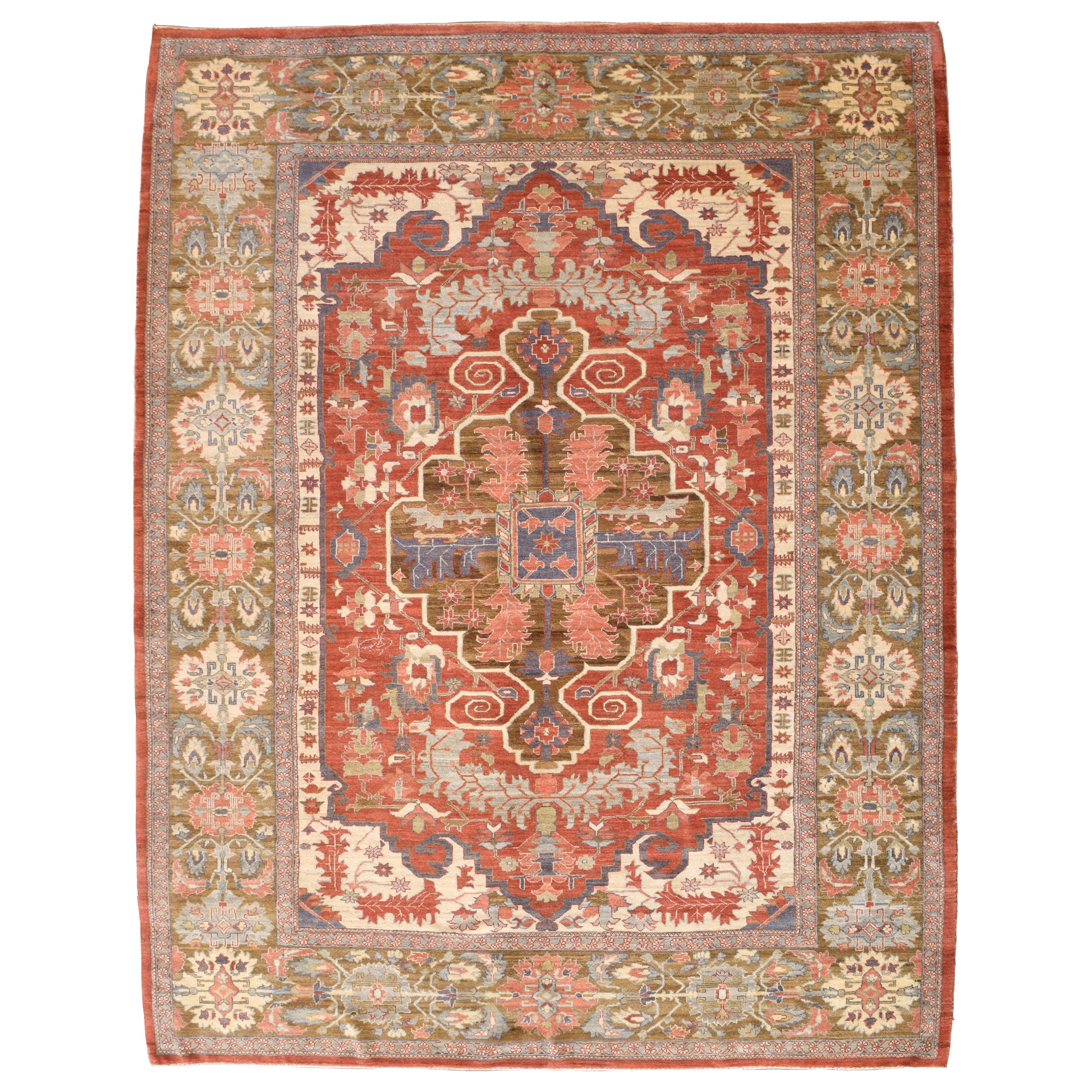 Wool Transitional Heriz Rug, Red, Blue and Cream, Hand-Knotted, 8’ x 10’ For Sale