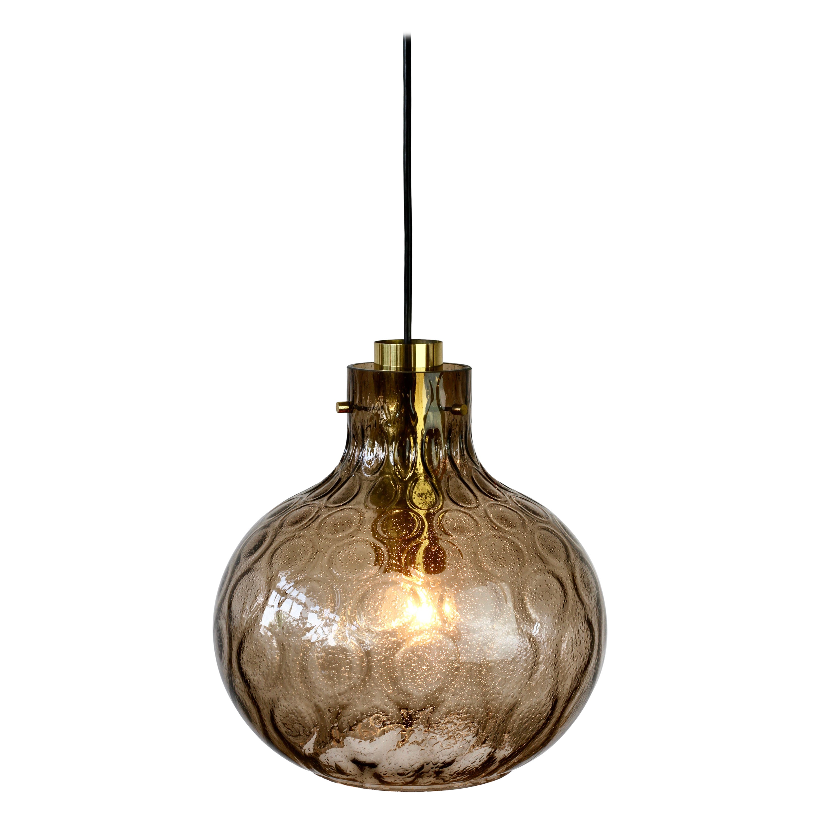 1 of 2 Large Vintage 1970s Bell Shaped Smoked Glass & Brass Globe Pendant Lights For Sale
